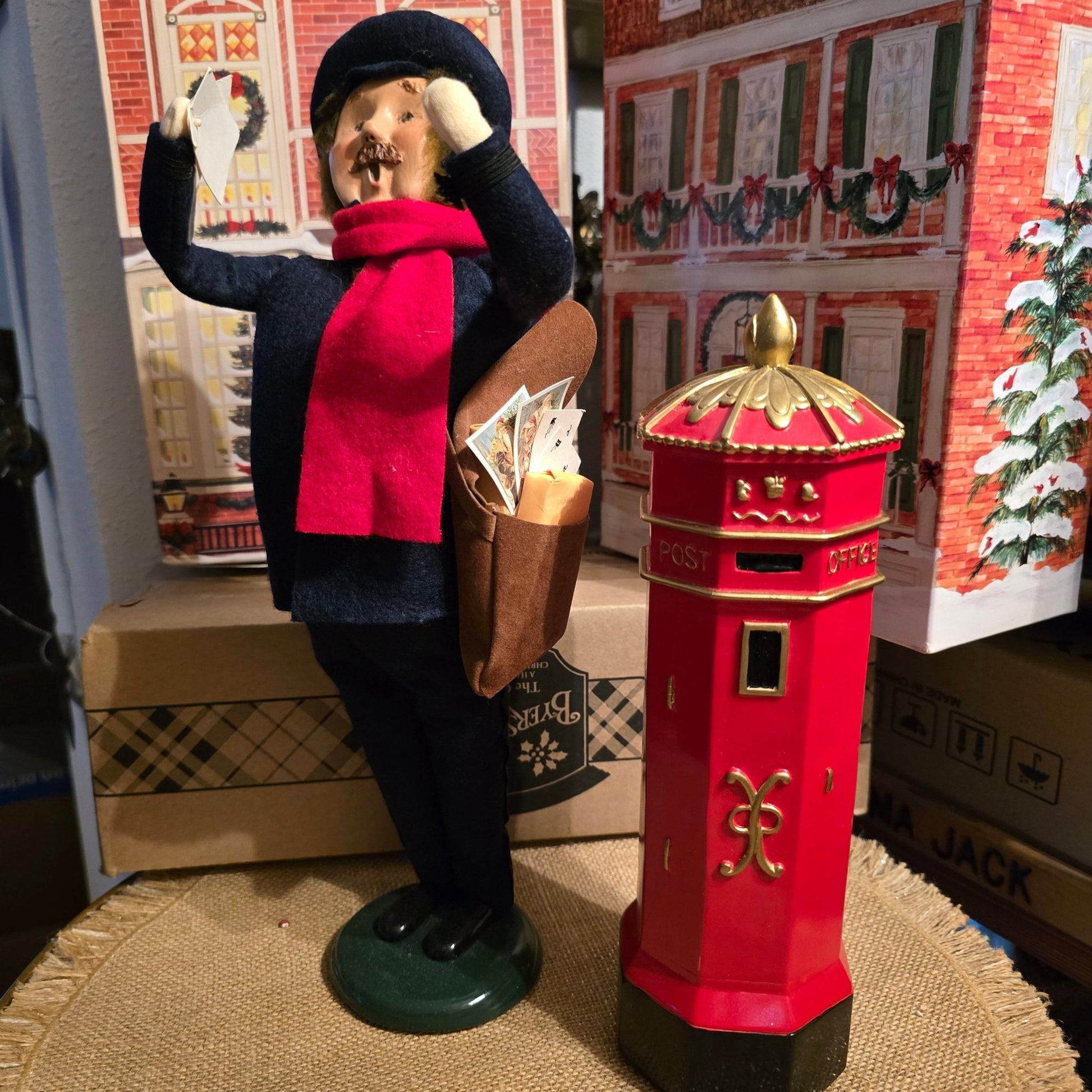 Byers’ Choice Postman Caroler w/ Red Mailbox Letters Bag Christmas Display Set - Bayshore Treasures