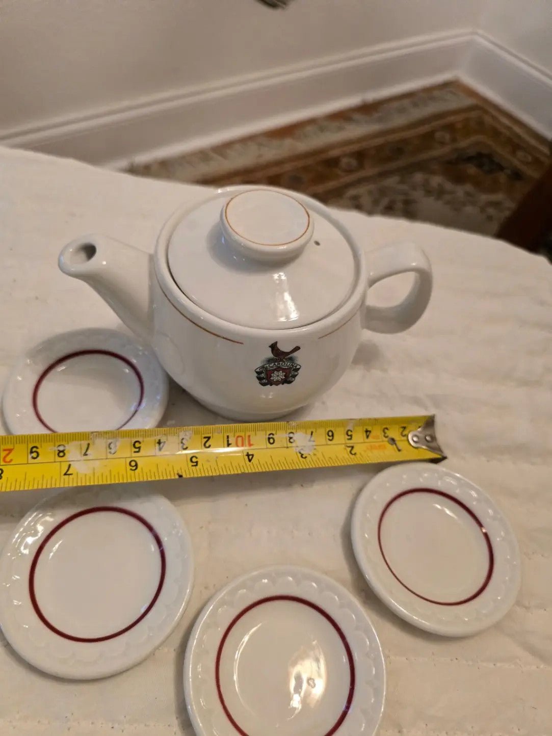 Carolina Hotel Crested Teapot Vintage With Saucers Red Trim 7 in - Bayshore Treasures