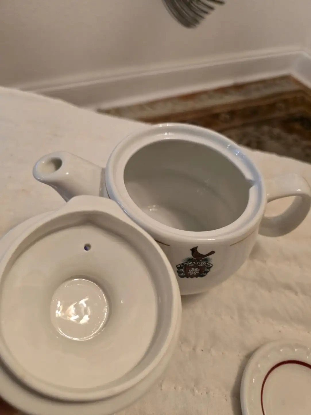 Carolina Hotel Crested Teapot Vintage With Saucers Red Trim 7 in - Bayshore Treasures