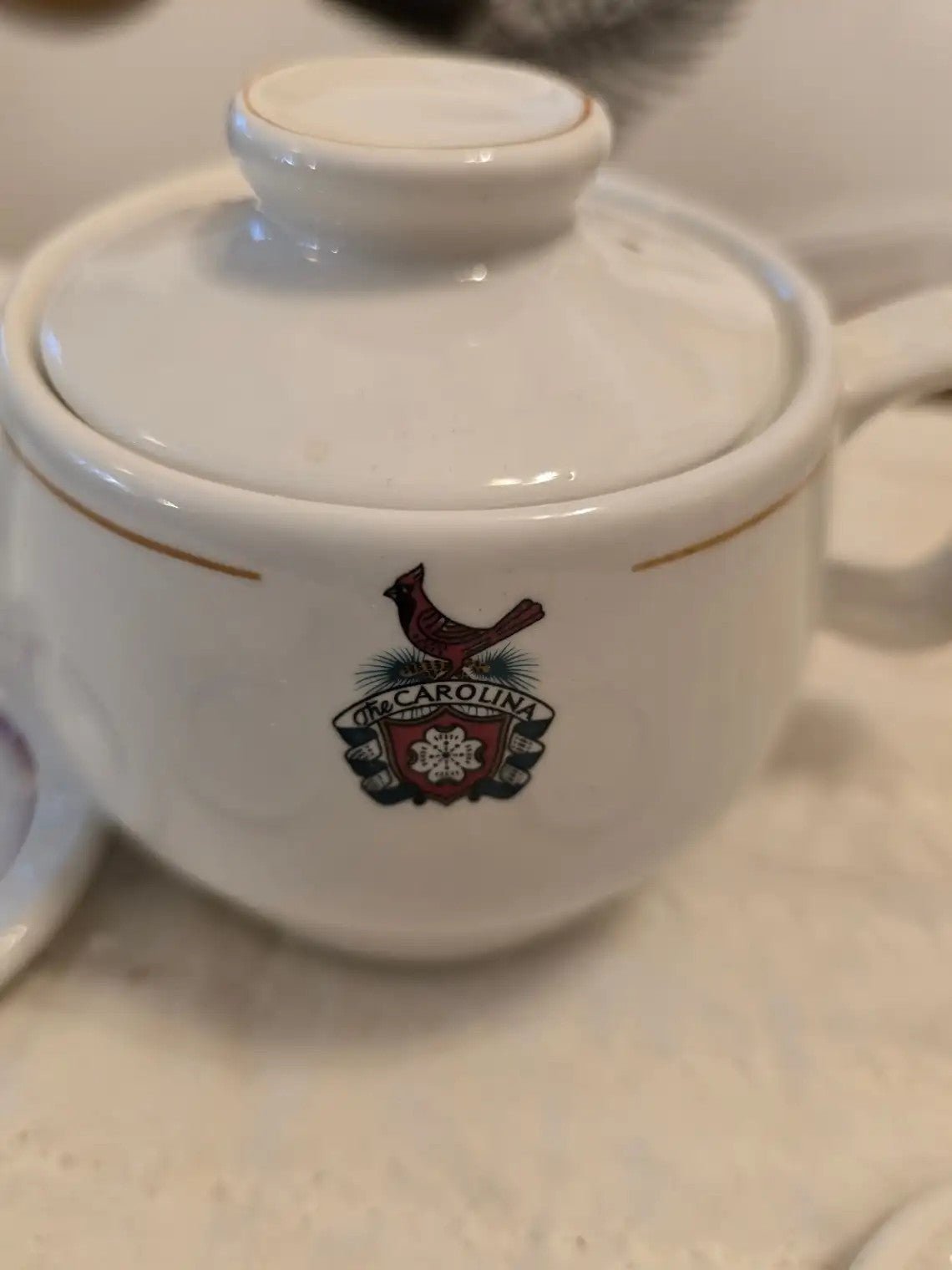 Carolina Hotel Crested Teapot Vintage With Saucers Red Trim 7 in - Bayshore Treasures