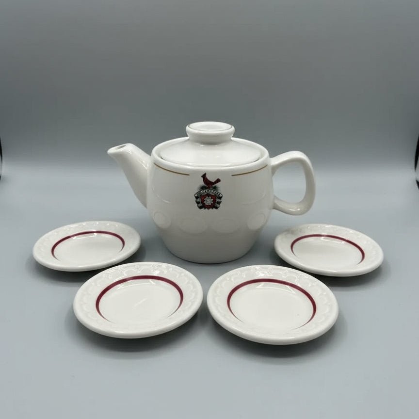 Carolina Hotel Crested Teapot Vintage With Saucers Red Trim 7 in - Bayshore Treasures