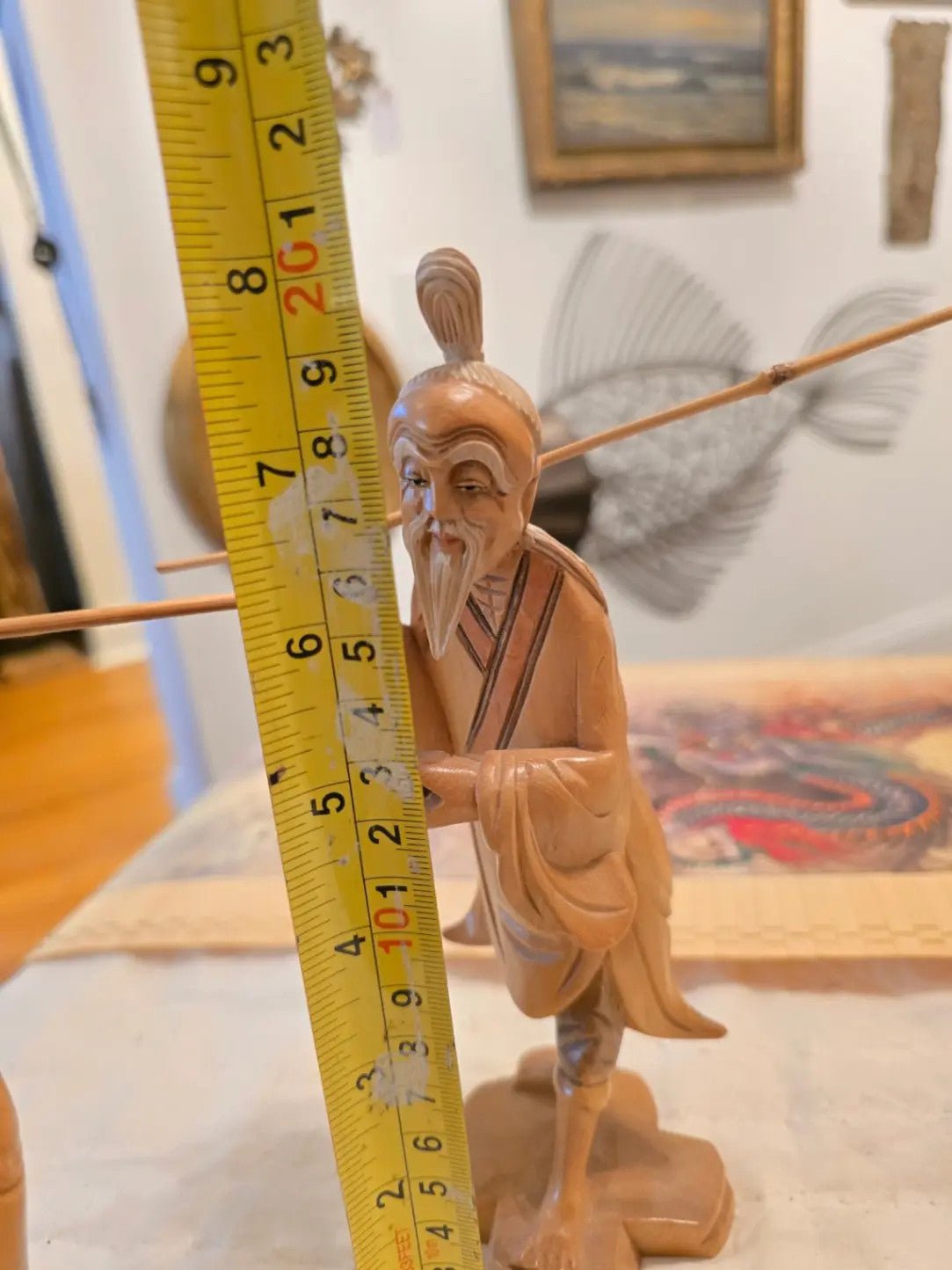 Carved Wood Vintage Asian Fisherman Statues Art Figurines Fishing Rods and Fish - Bayshore Treasures
