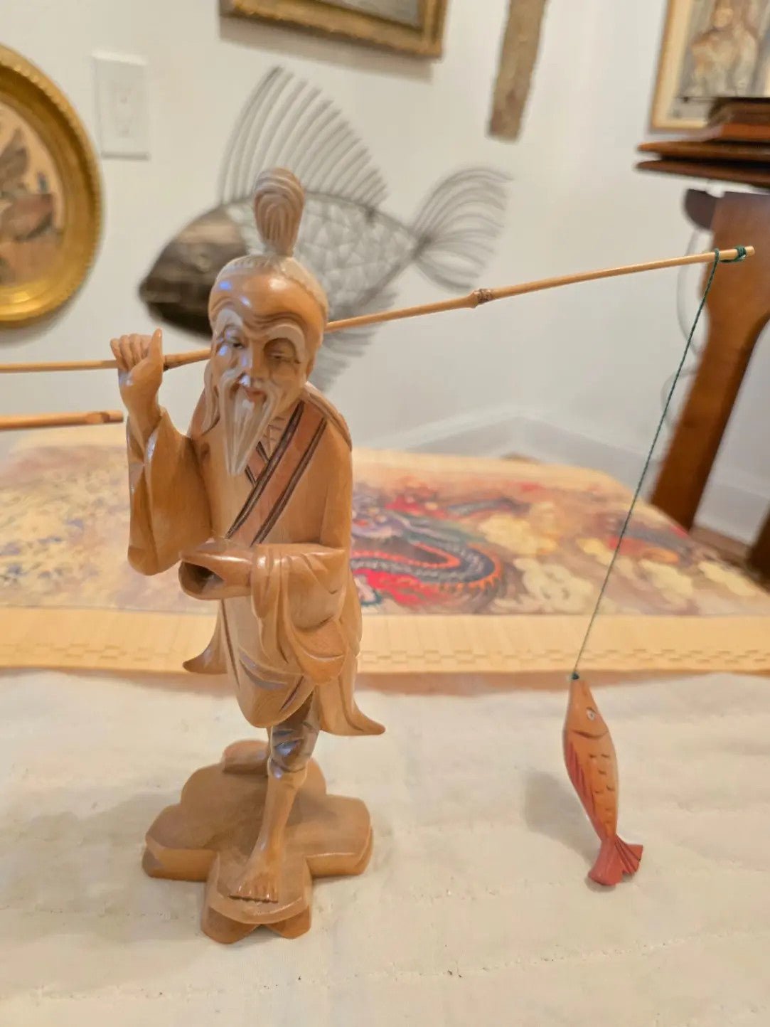 Carved Wood Vintage Asian Fisherman Statues Art Figurines Fishing Rods and Fish - Bayshore Treasures