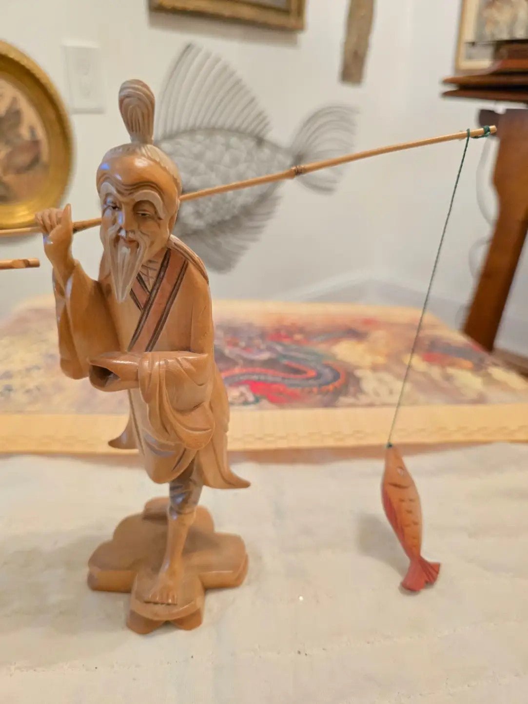 Carved Wood Vintage Asian Fisherman Statues Art Figurines Fishing Rods and Fish - Bayshore Treasures