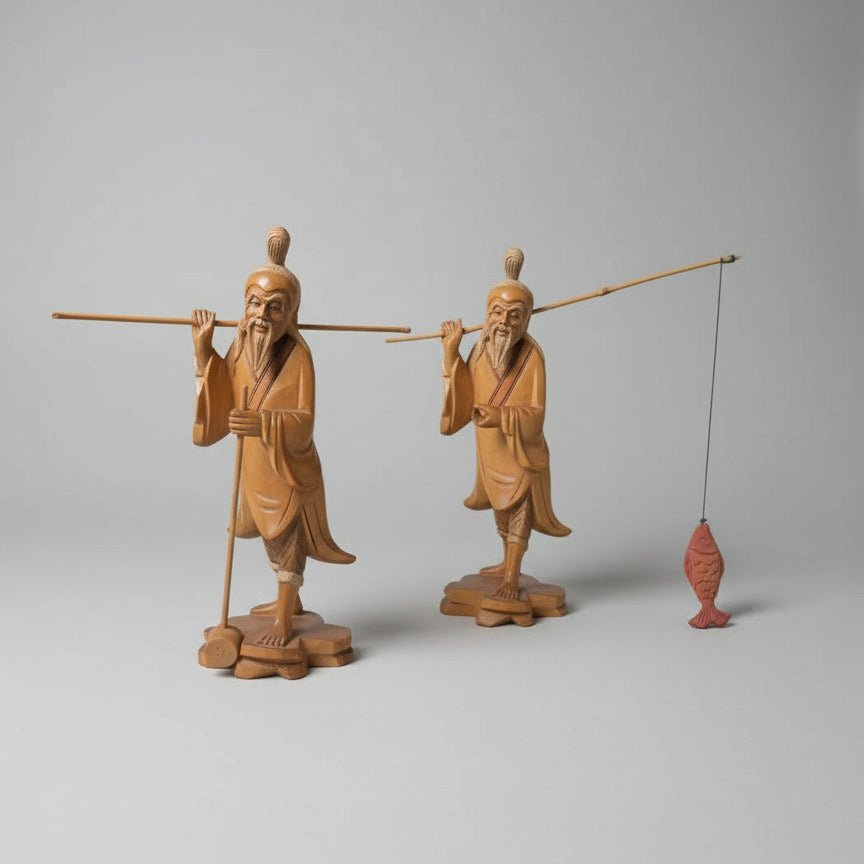 Carved Wood Vintage Asian Fisherman Statues Art Figurines Fishing Rods and Fish - Bayshore Treasures