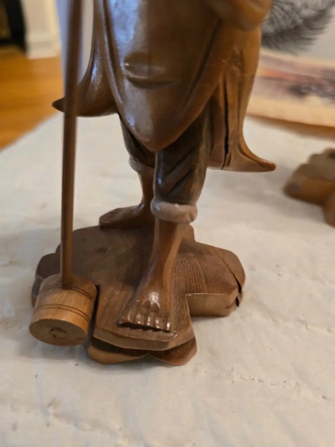 Carved Wood Vintage Asian Fisherman Statues Art Figurines Fishing Rods and Fish - Bayshore Treasures