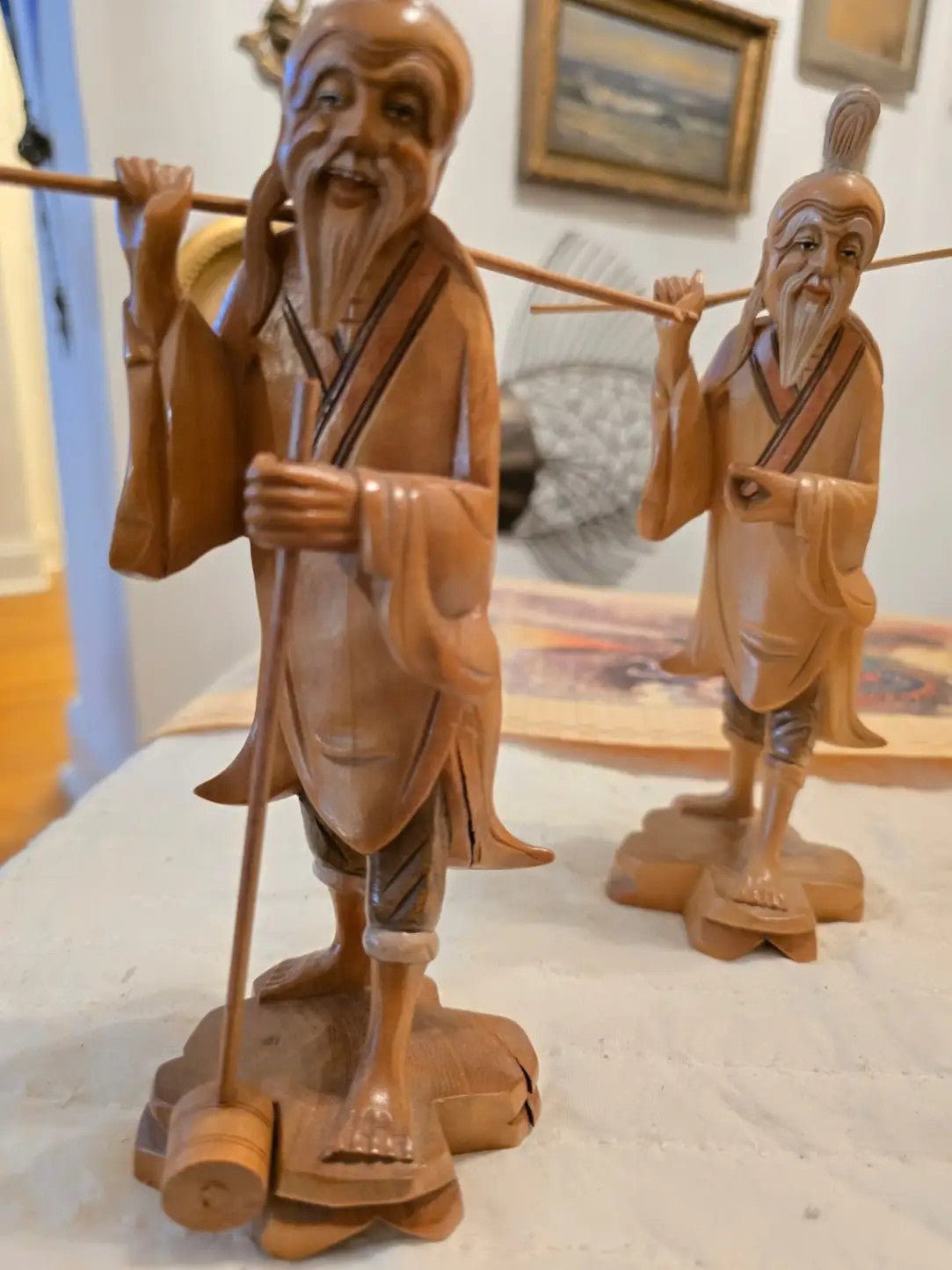 Carved Wood Vintage Asian Fisherman Statues Art Figurines Fishing Rods and Fish - Bayshore Treasures