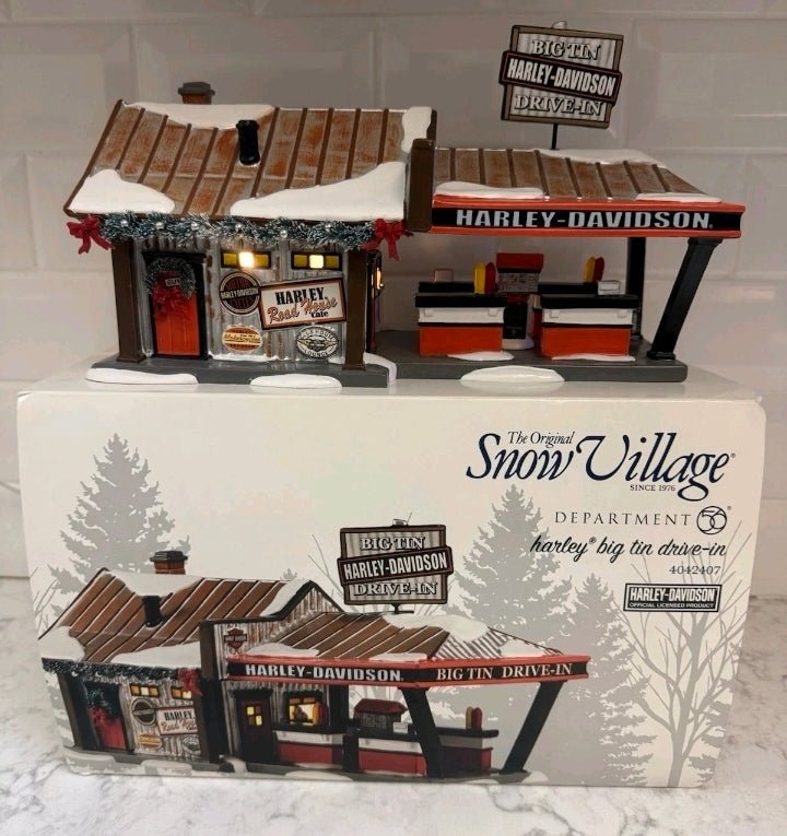 Dept 56 Harley - Davidson Big Tin Drive - In Snow Village Lighted House 4042407 rare - Bayshore Treasures