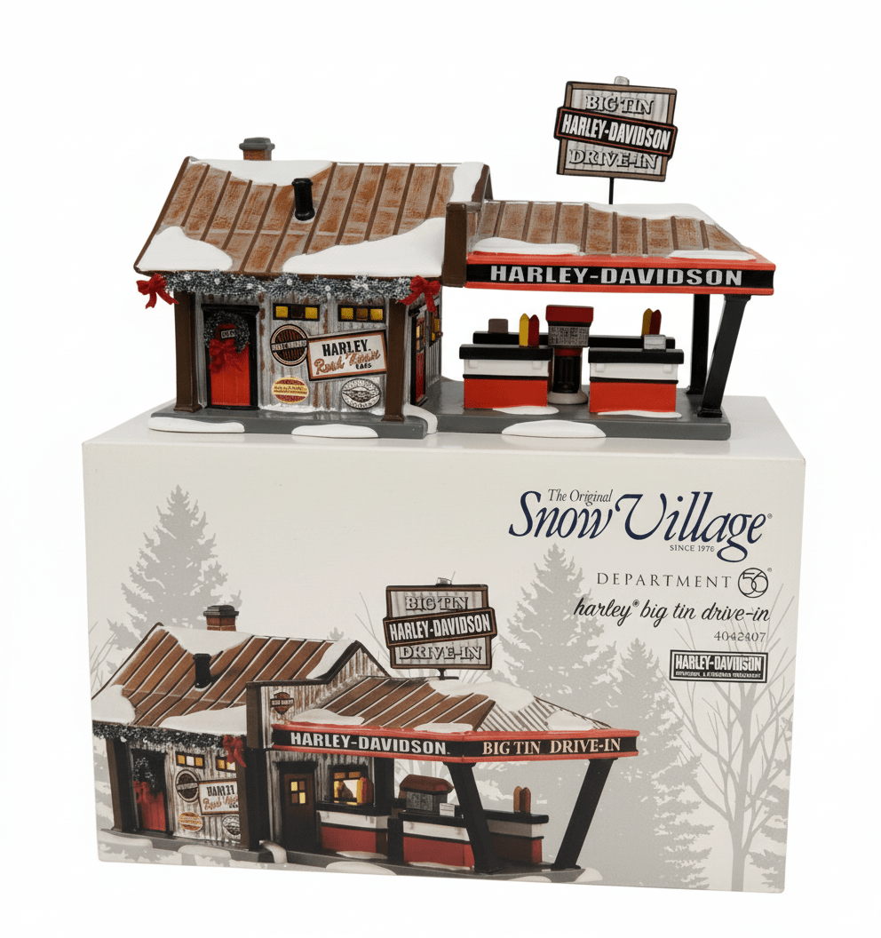 Dept 56 Harley - Davidson Big Tin Drive - In Snow Village Lighted House 4042407 rare - Bayshore Treasures