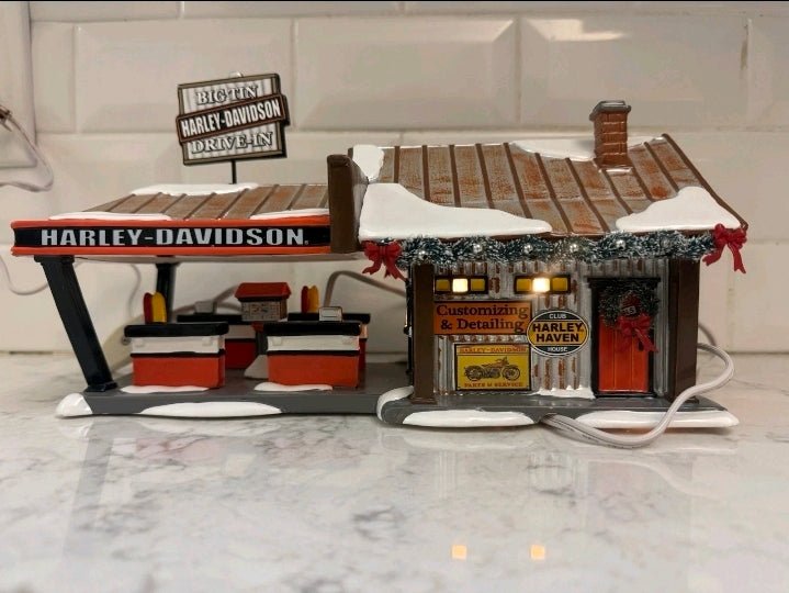 Dept 56 Harley - Davidson Big Tin Drive - In Snow Village Lighted House 4042407 rare - Bayshore Treasures