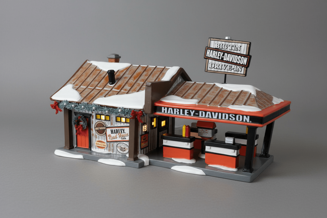 Dept 56 Harley - Davidson Big Tin Drive - In Snow Village Lighted House 4042407 rare - Bayshore Treasures