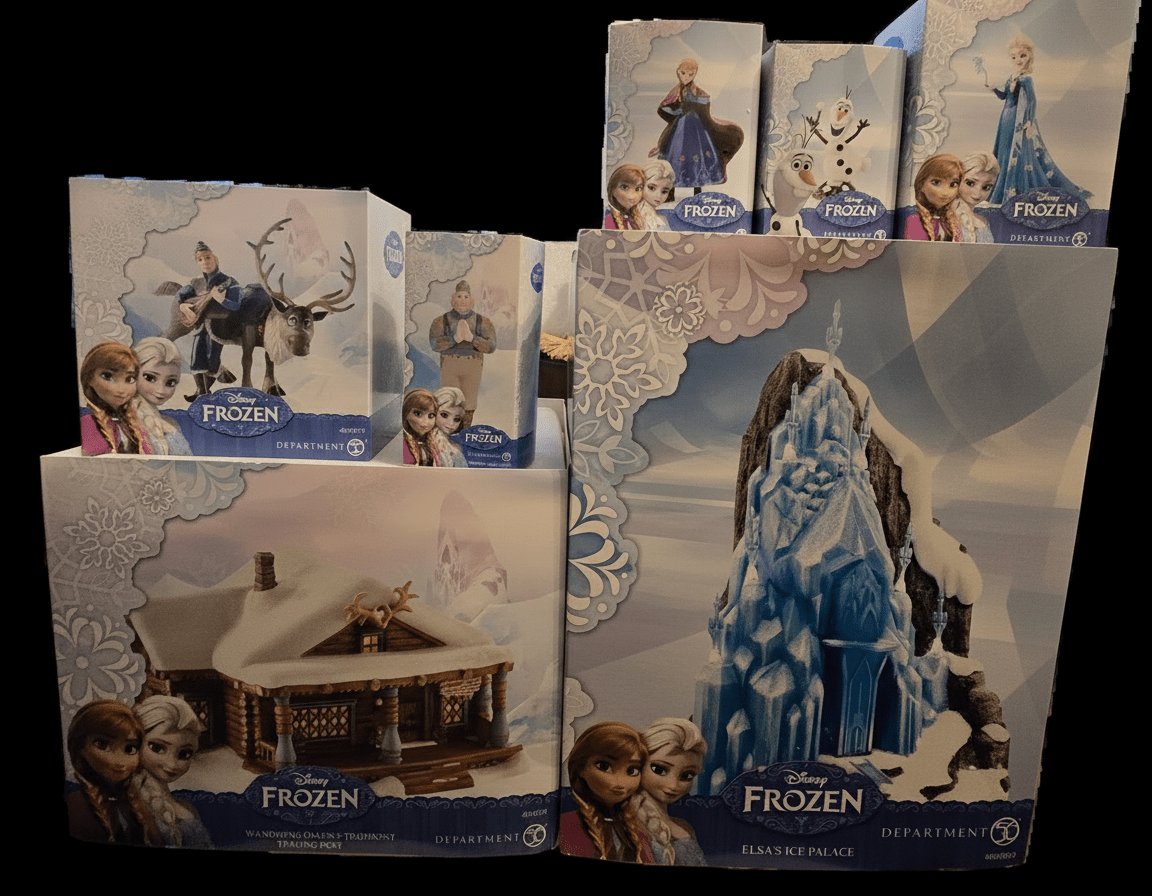 Disney Frozen Department 56 Village – COMPLETE 7 - Piece Set – Elsa’s Ice Palace, Wandering Oaken’s, Figures – NIB/Excellent - Bayshore Treasures