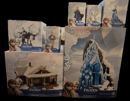 Disney Frozen Department 56 Village – COMPLETE 7 - Piece Set – Elsa’s Ice Palace, Wandering Oaken’s, Figures – NIB/Excellent - Bayshore Treasures