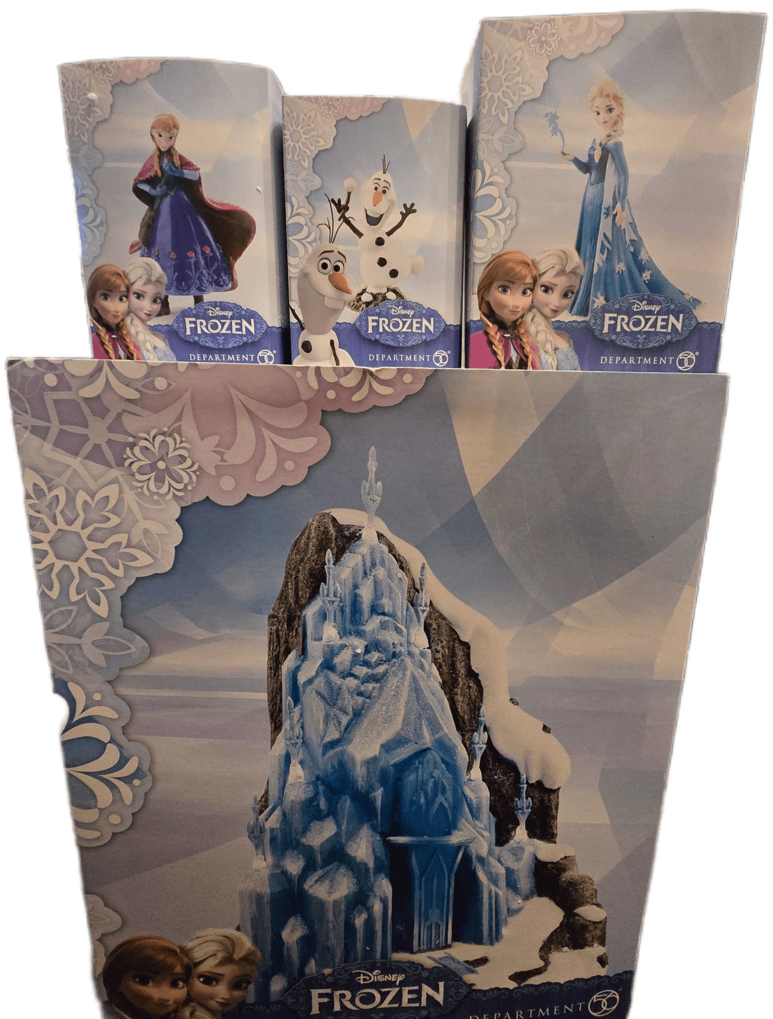 Disney Frozen Department 56 Village – COMPLETE 7 - Piece Set – Elsa’s Ice Palace, Wandering Oaken’s, Figures – NIB/Excellent - Bayshore Treasures