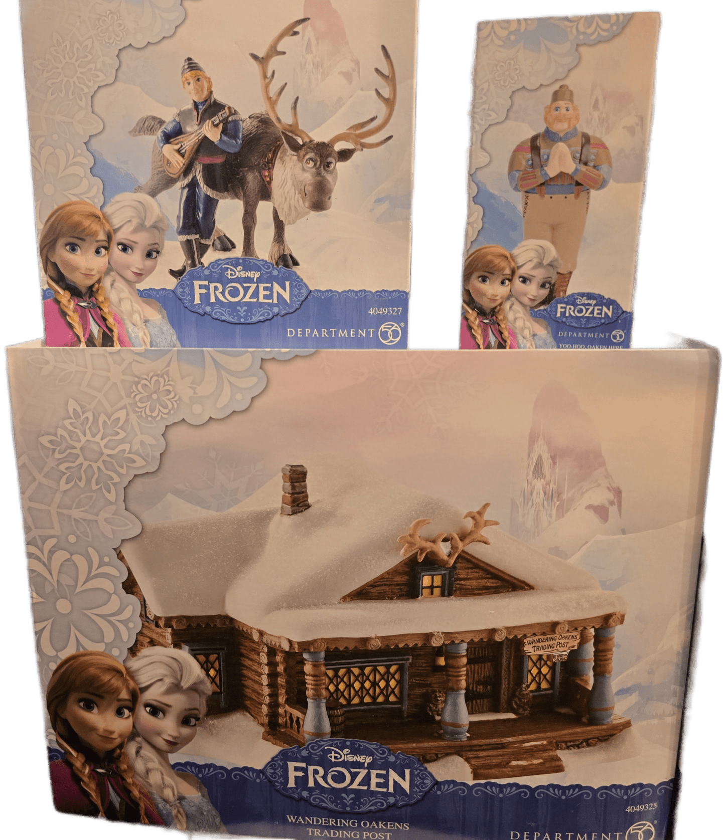 Disney Frozen Department 56 Village – COMPLETE 7 - Piece Set – Elsa’s Ice Palace, Wandering Oaken’s, Figures – NIB/Excellent - Bayshore Treasures