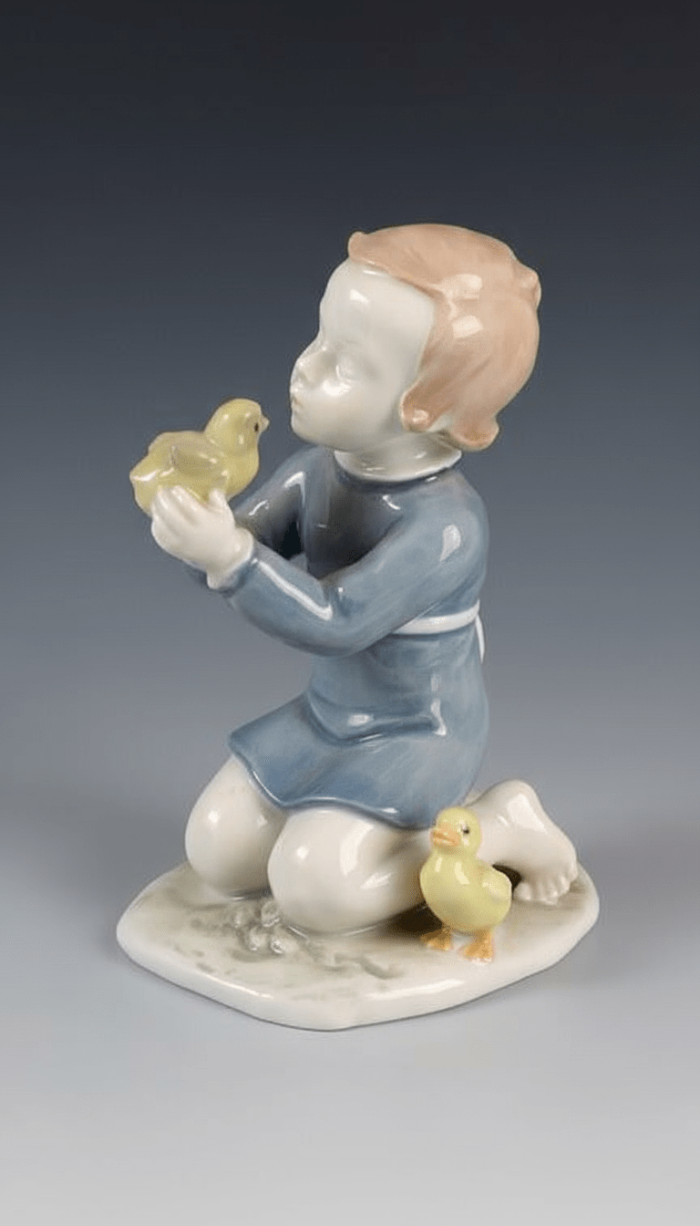 Friedrich - Gronau Rosenthal "Child with Chicks" porcelain figurine 1640 4.75 in birds blue - Bayshore Treasures