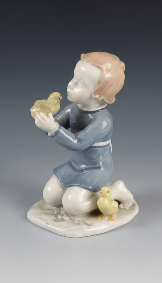 Friedrich - Gronau Rosenthal "Child with Chicks" porcelain figurine 1640 4.75 in birds blue - Bayshore Treasures