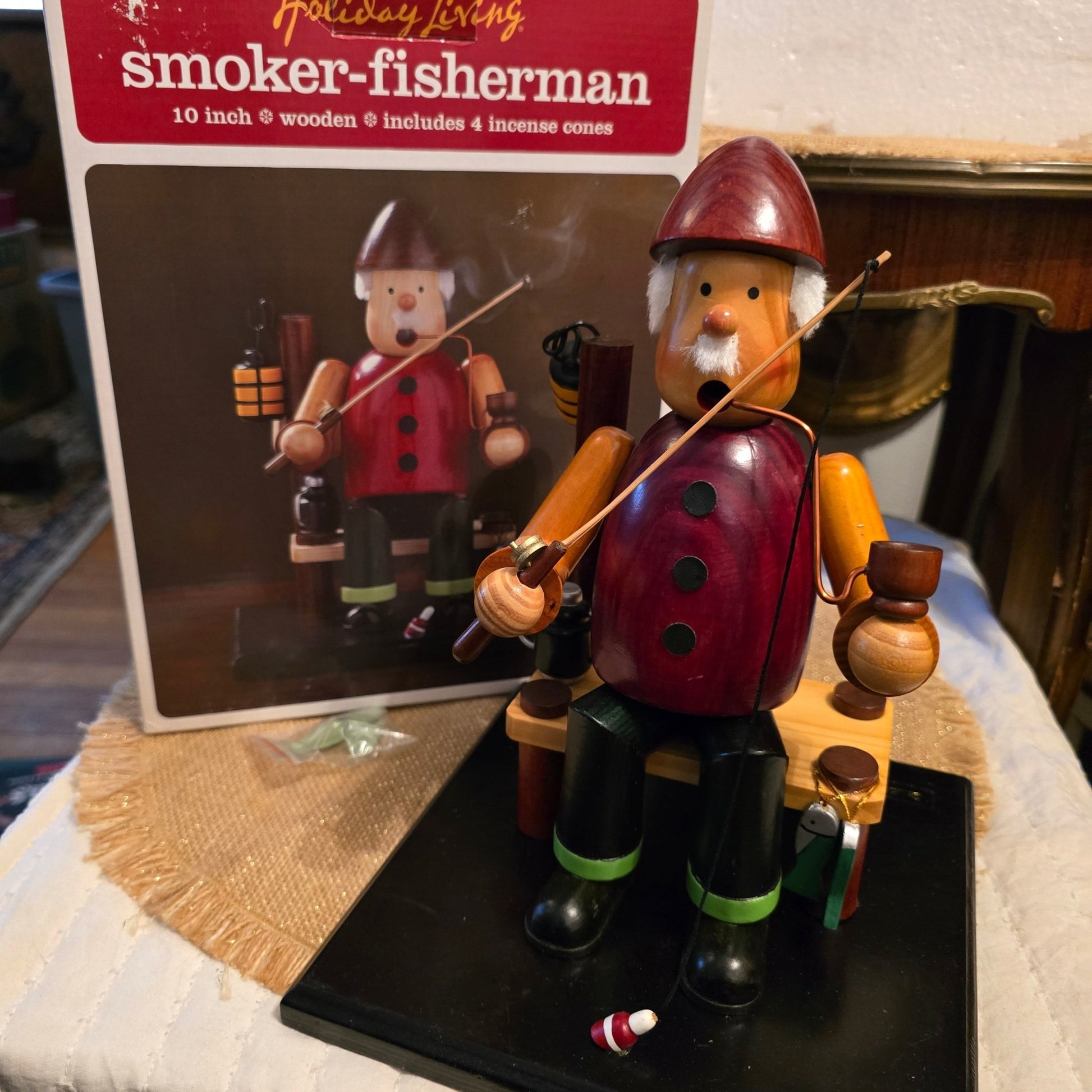Holiday Living Wooden Smoker Fisherman Incense Burner – 10" – Boxed w/ 4 Cones - Bayshore Treasures