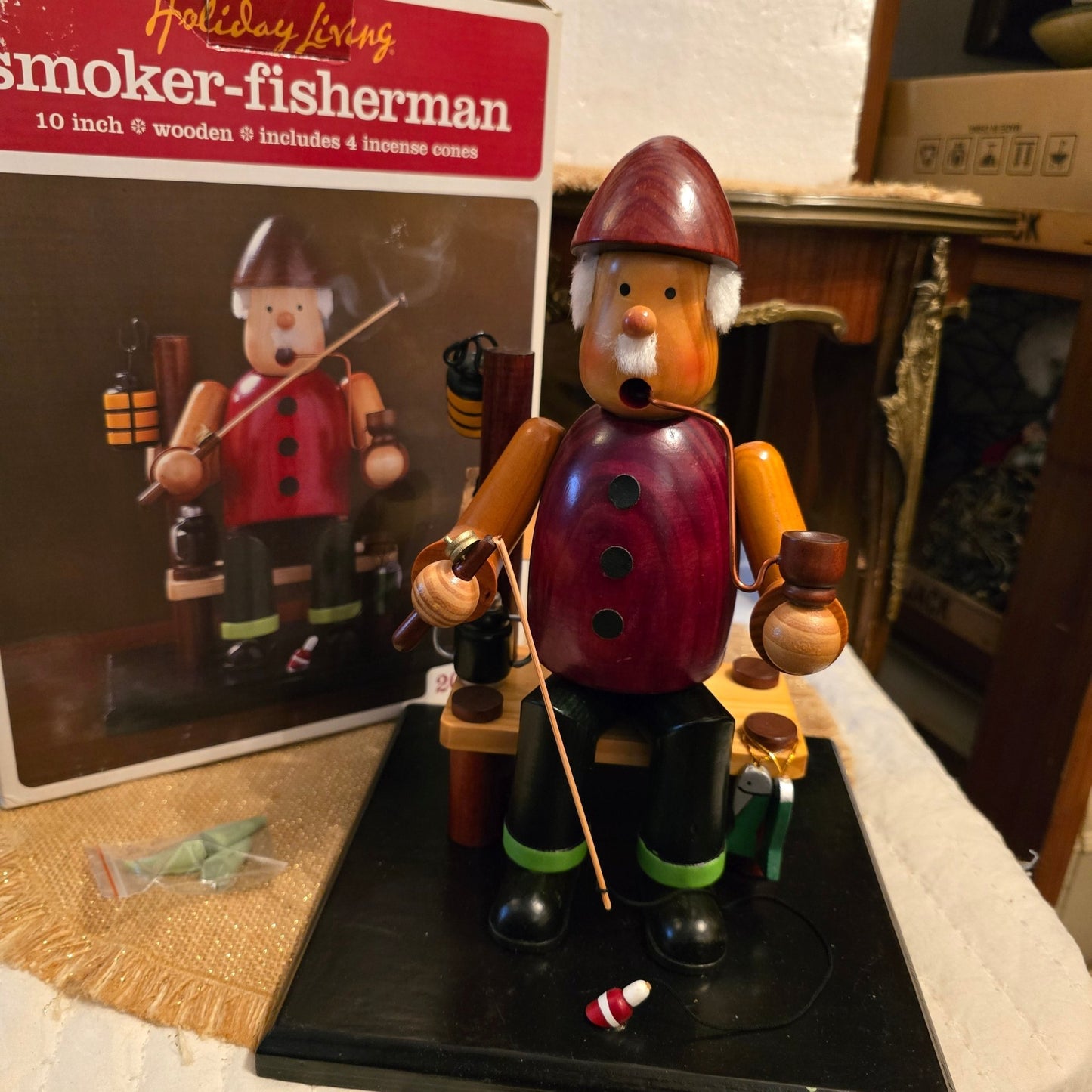 Holiday Living Wooden Smoker Fisherman Incense Burner – 10" – Boxed w/ 4 Cones - Bayshore Treasures