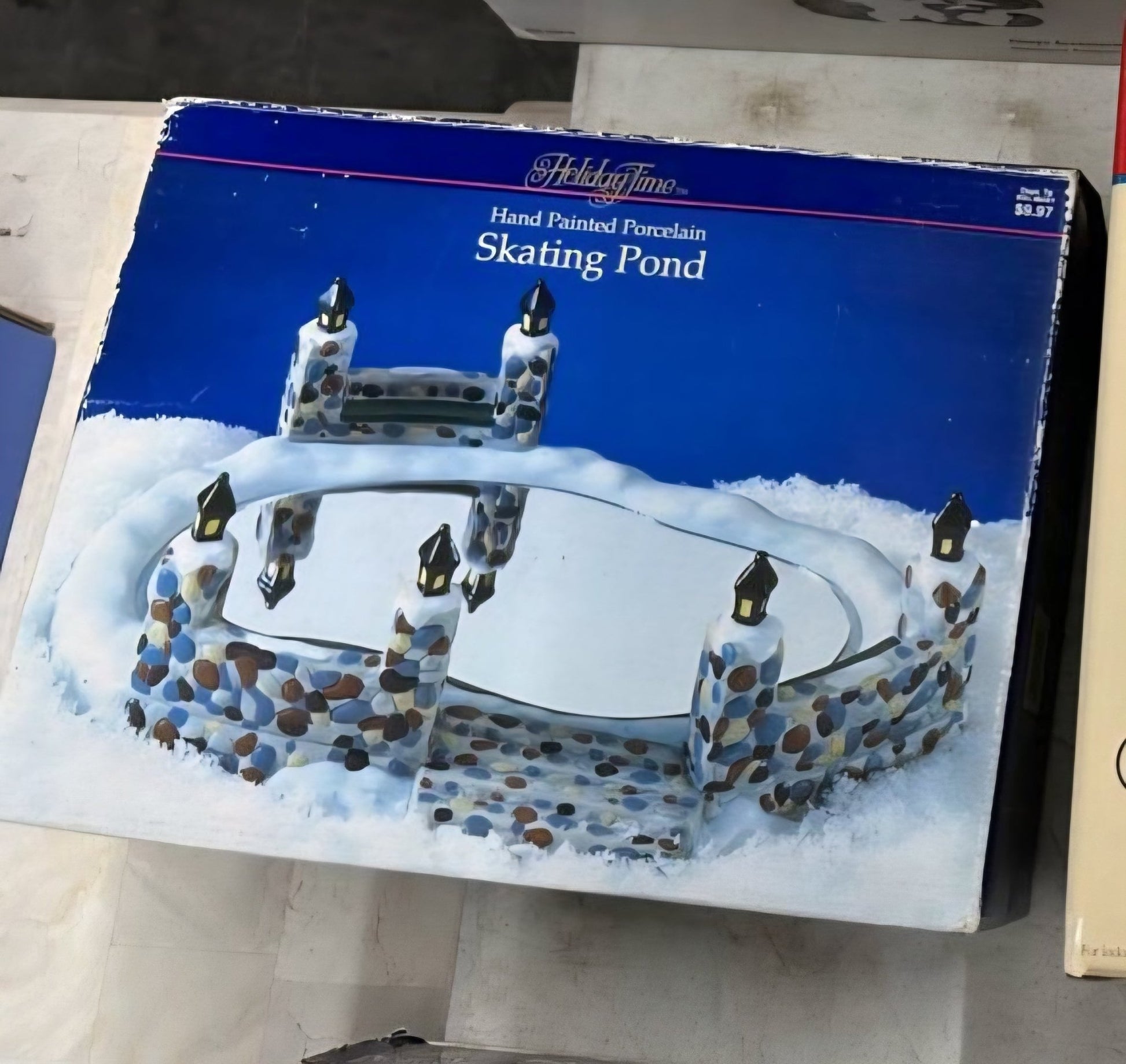 Holiday Time Hand Painted Porcelain Skating Pond" Christmas village accessory. - Bayshore Treasures