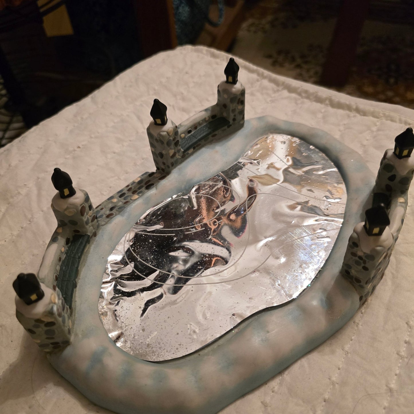 Holiday Time Hand Painted Porcelain Skating Pond" Christmas village accessory. - Bayshore Treasures