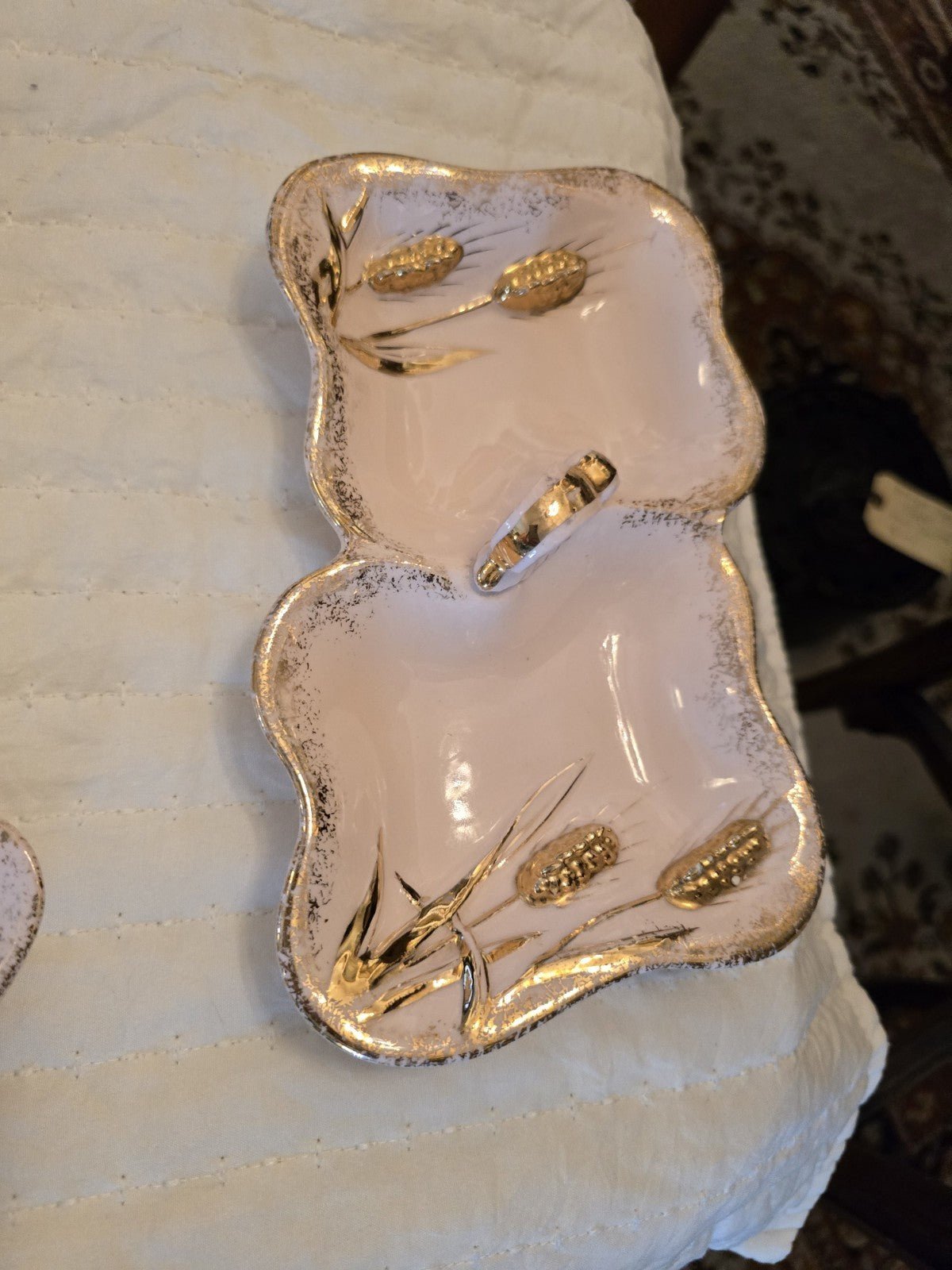 Lefton Vintage 1956 Porcelain Pink Gold Jewelry Candy Dish Wheat Hand Painted - Bayshore Treasures