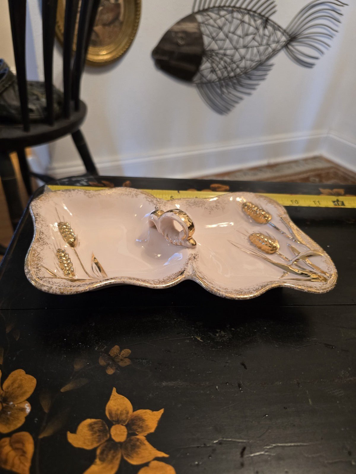 Lefton Vintage 1956 Porcelain Pink Gold Jewelry Candy Dish Wheat Hand Painted - Bayshore Treasures