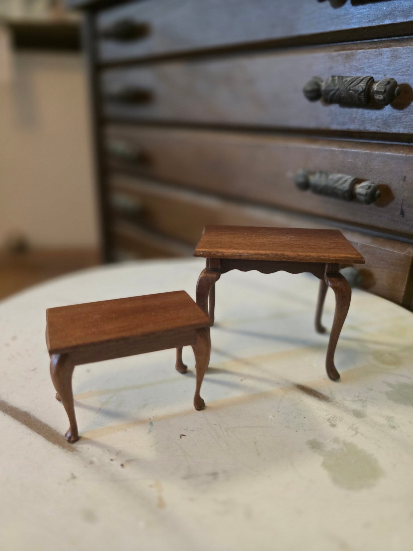 Lot of 2 Vintage Dollhouse Tables – Queen Anne & Ball & Claw Foot – Wood Miniature Furniture 1:12 Scale - Bayshore Treasures