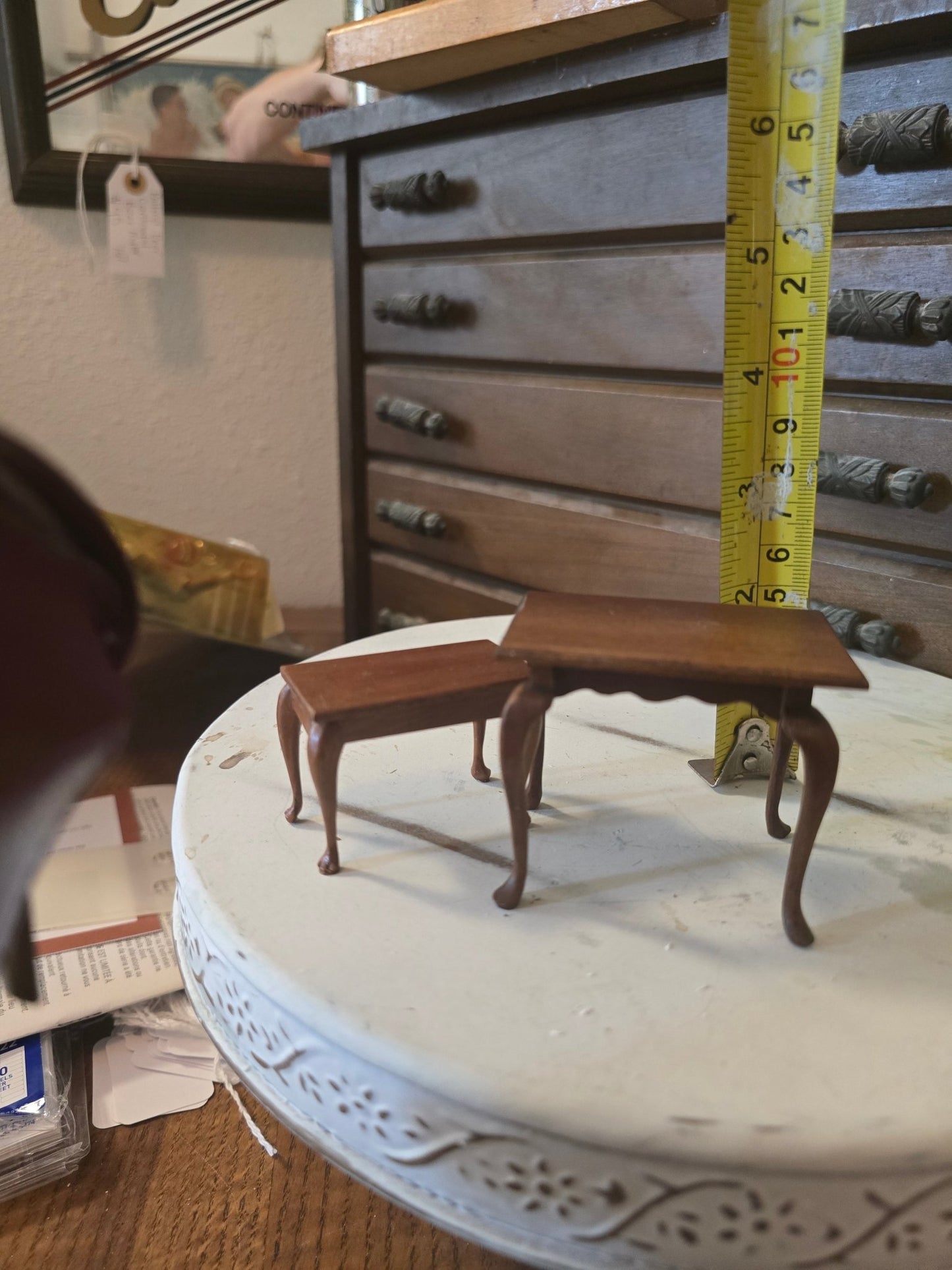 Lot of 2 Vintage Dollhouse Tables – Queen Anne & Ball & Claw Foot – Wood Miniature Furniture 1:12 Scale - Bayshore Treasures