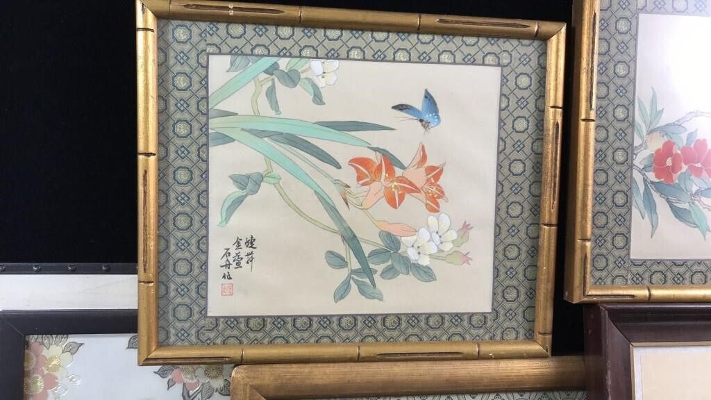 Lot of 5 Vintage Chinese Floral Paintings – Birds, Flowers, Bees – 1986 Expo Art - Bayshore Treasures