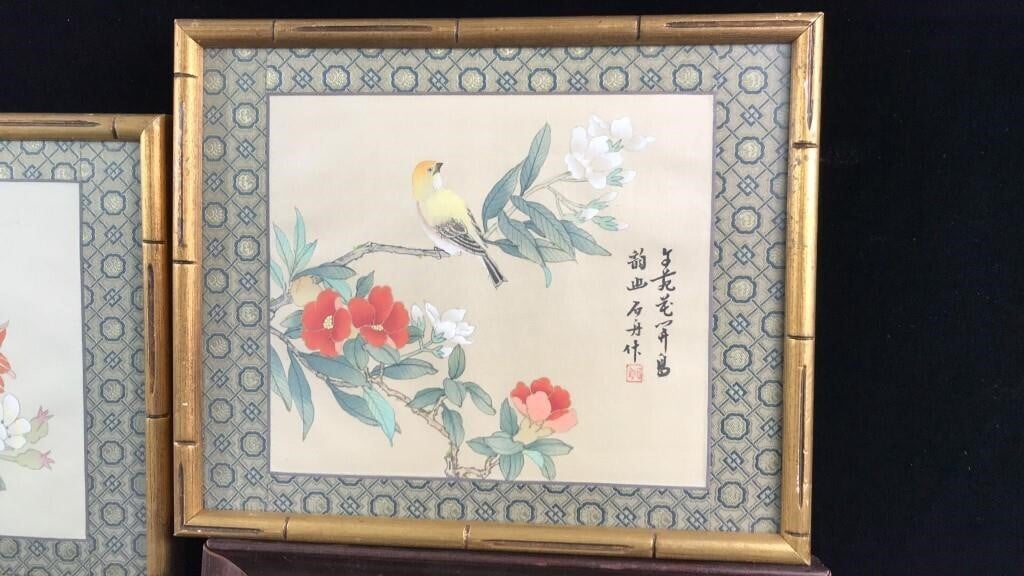 Lot of 5 Vintage Chinese Floral Paintings – Birds, Flowers, Bees – 1986 Expo Art - Bayshore Treasures