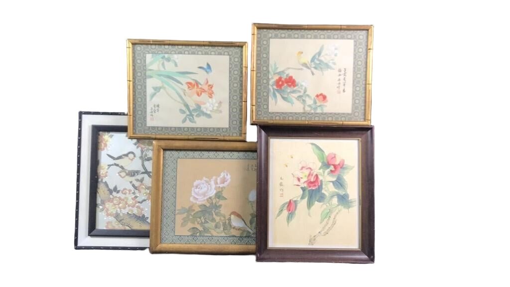 Lot of 5 Vintage Chinese Floral Paintings – Birds, Flowers, Bees – 1986 Expo Art - Bayshore Treasures
