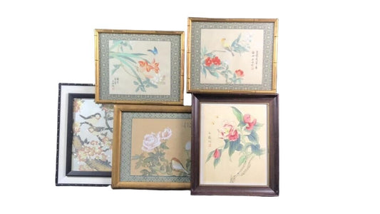 Lot of 5 Vintage Chinese Floral Paintings – Birds, Flowers, Bees – 1986 Expo Art - Bayshore Treasures