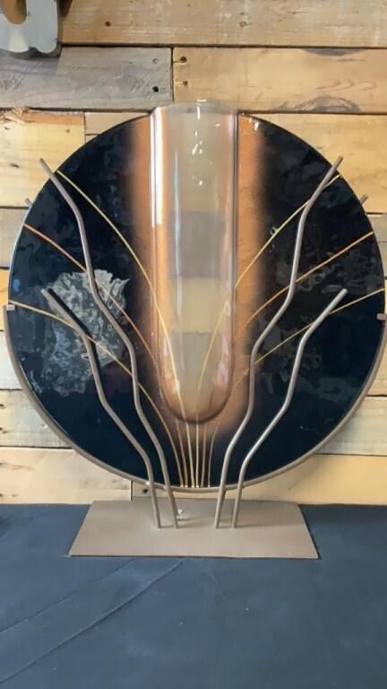Mark Hines Studio Art Glass Vase on Metal Sculptural Stand – Signed Modernist - Bayshore Treasures