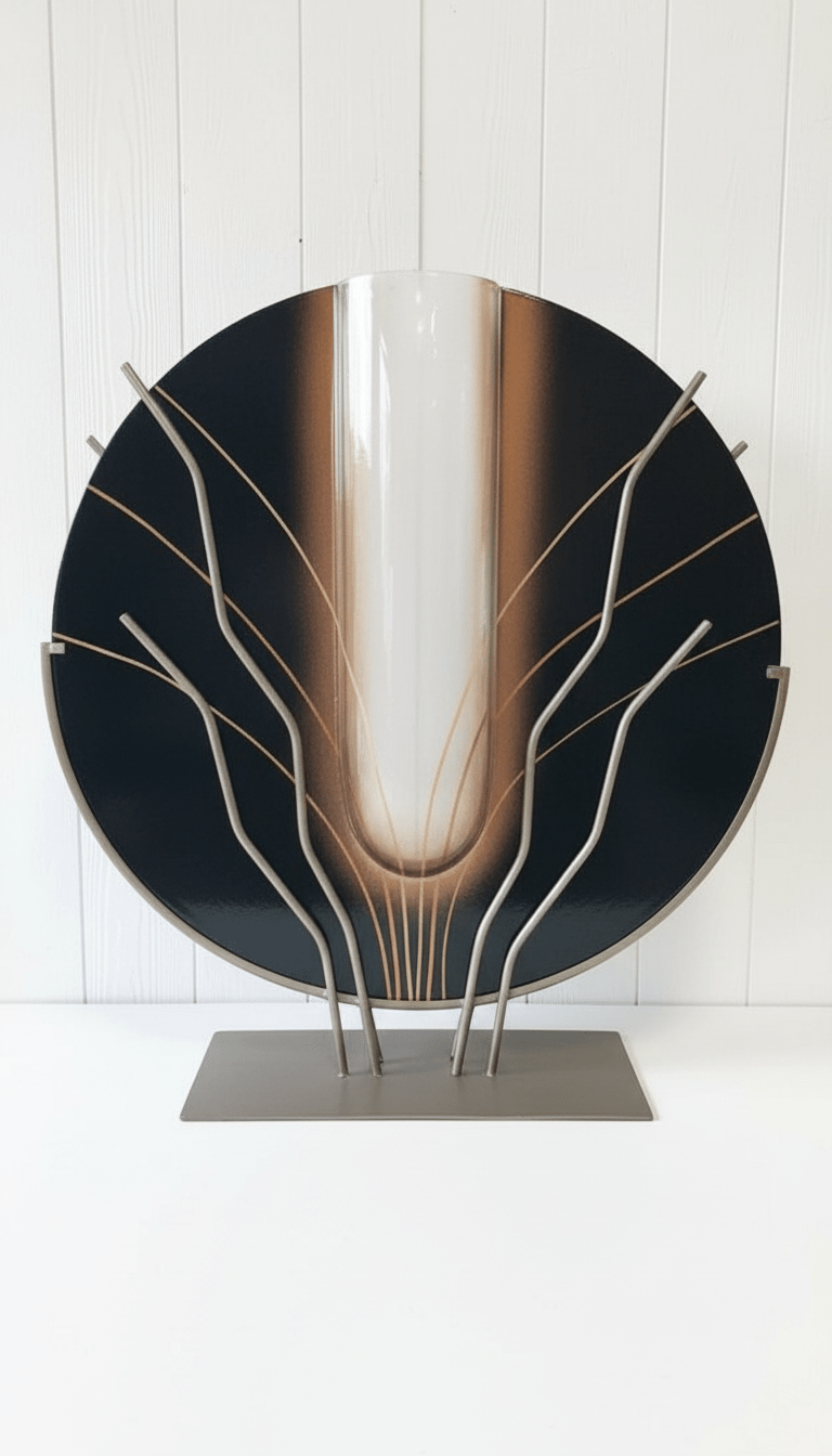 Mark Hines Studio Art Glass Vase on Metal Sculptural Stand – Signed Modernist - Bayshore Treasures