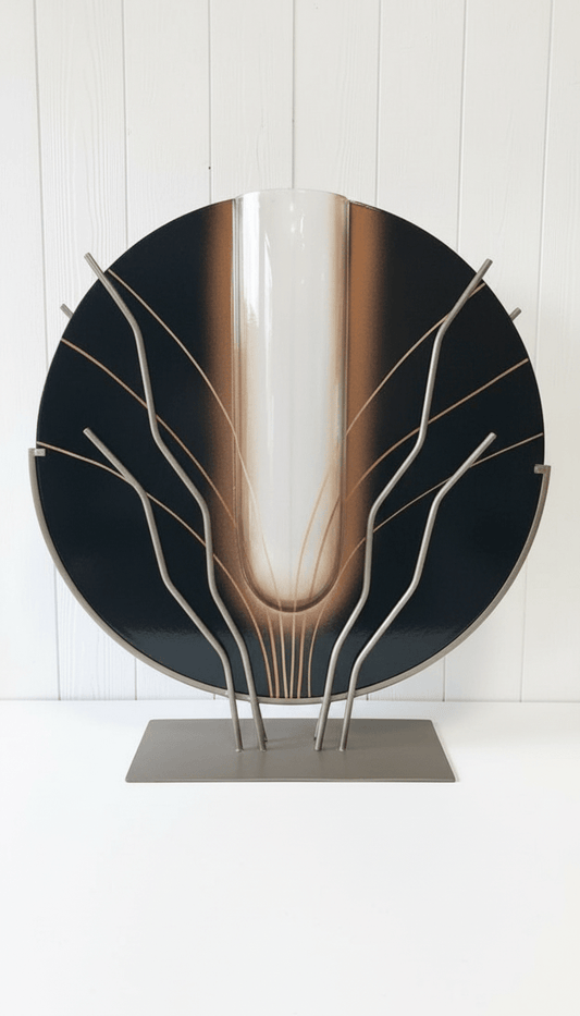 Mark Hines Studio Art Glass Vase on Metal Sculptural Stand – Signed Modernist - Bayshore Treasures