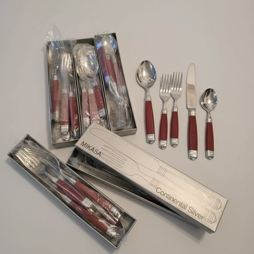 Mikasa Continental Silver Flatware Set Stainless Steel Red Handle 5 Pieces - Bayshore Treasures