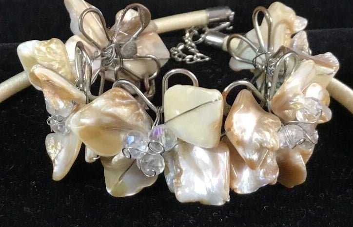 Polished shell and cubic zirconium vintage choker necklace and bracelet - Bayshore Treasures