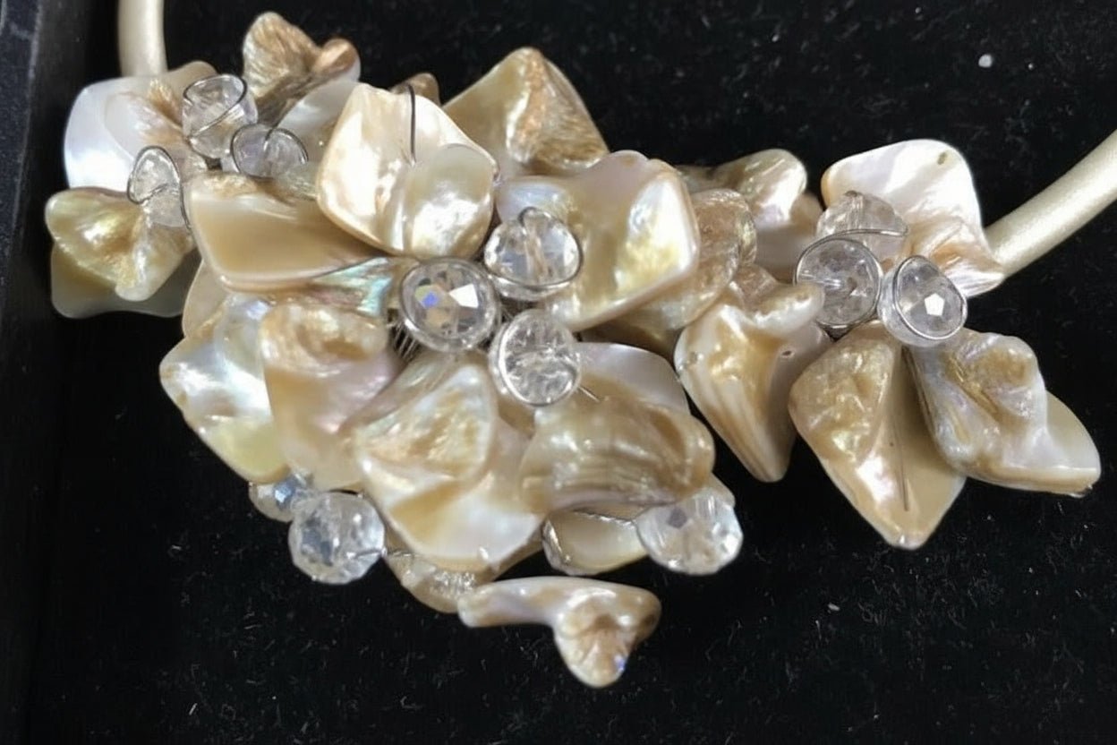 Polished shell and cubic zirconium vintage choker necklace and bracelet - Bayshore Treasures