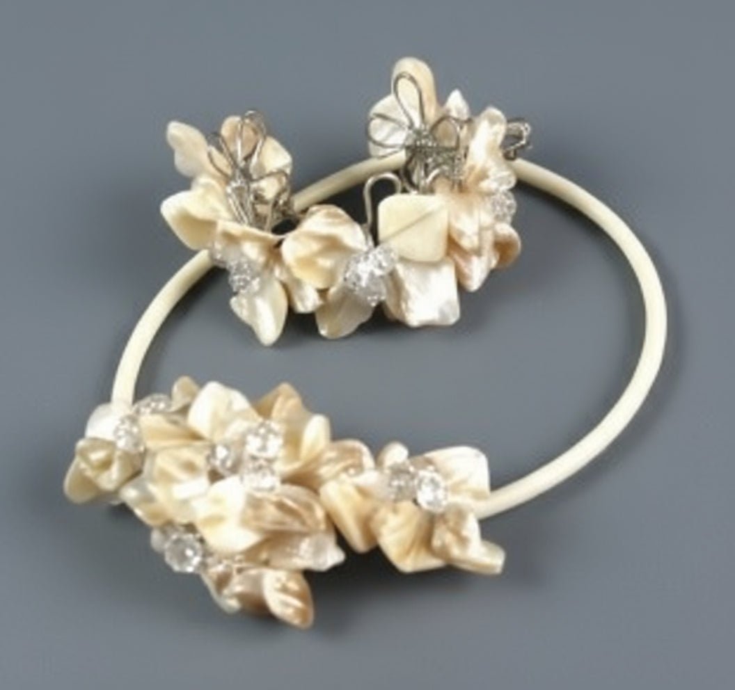 Polished shell and cubic zirconium vintage choker necklace and bracelet - Bayshore Treasures