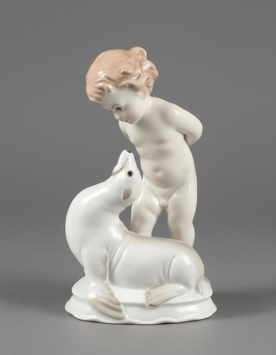 Porcelain figurine German Rosenthal "Zärtigung"Cherub Seal signed Fritz Klimsch - Bayshore Treasures