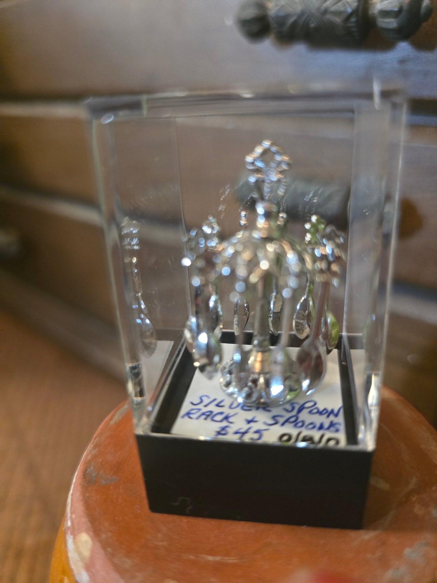 Rare Dollhouse Silver Spoon Carousel w/ 6 Mini Spoons in Display Case – 1:12 Scale Miniature - Bayshore Treasures