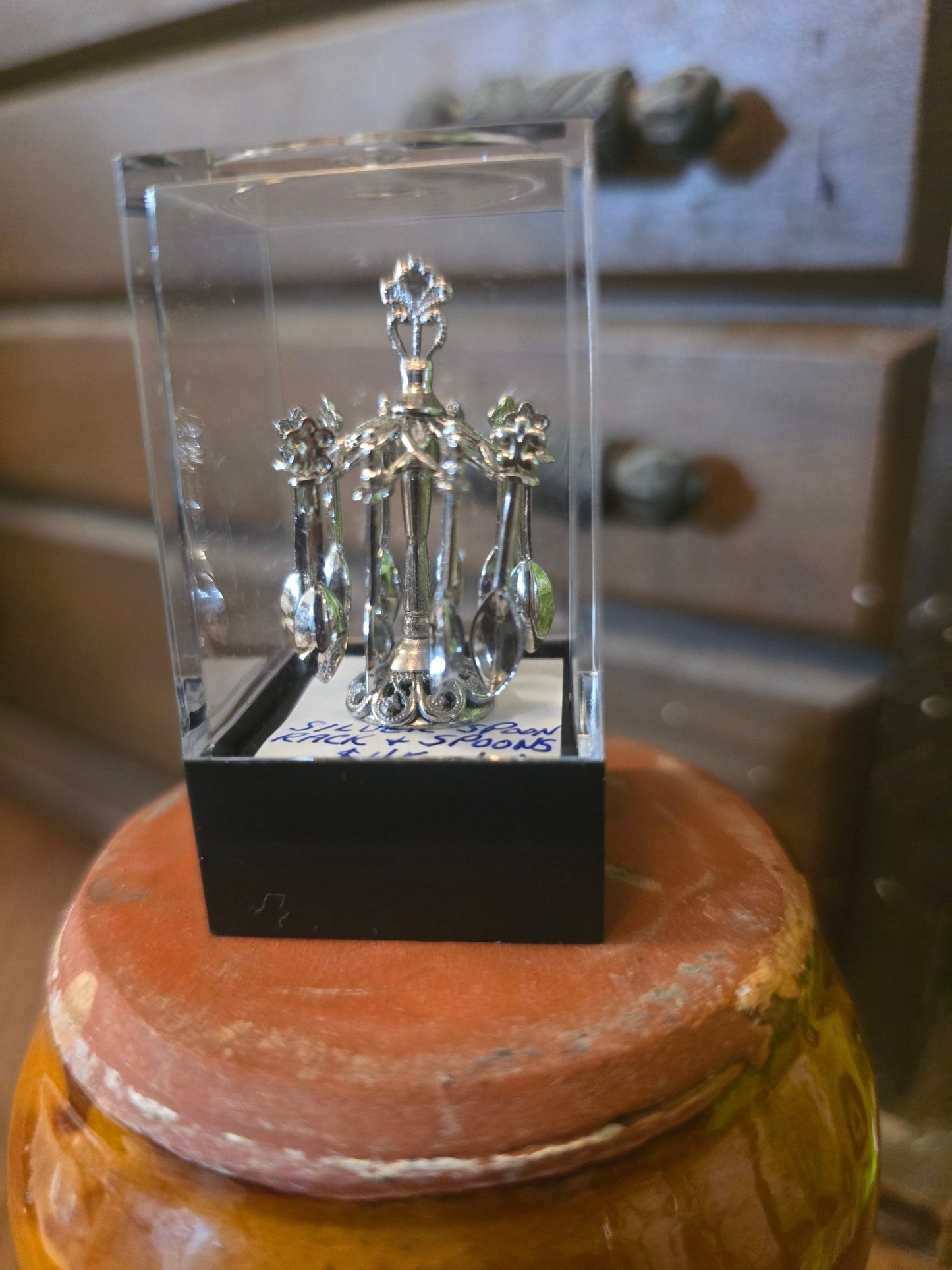 Rare Dollhouse Silver Spoon Carousel w/ 6 Mini Spoons in Display Case – 1:12 Scale Miniature - Bayshore Treasures