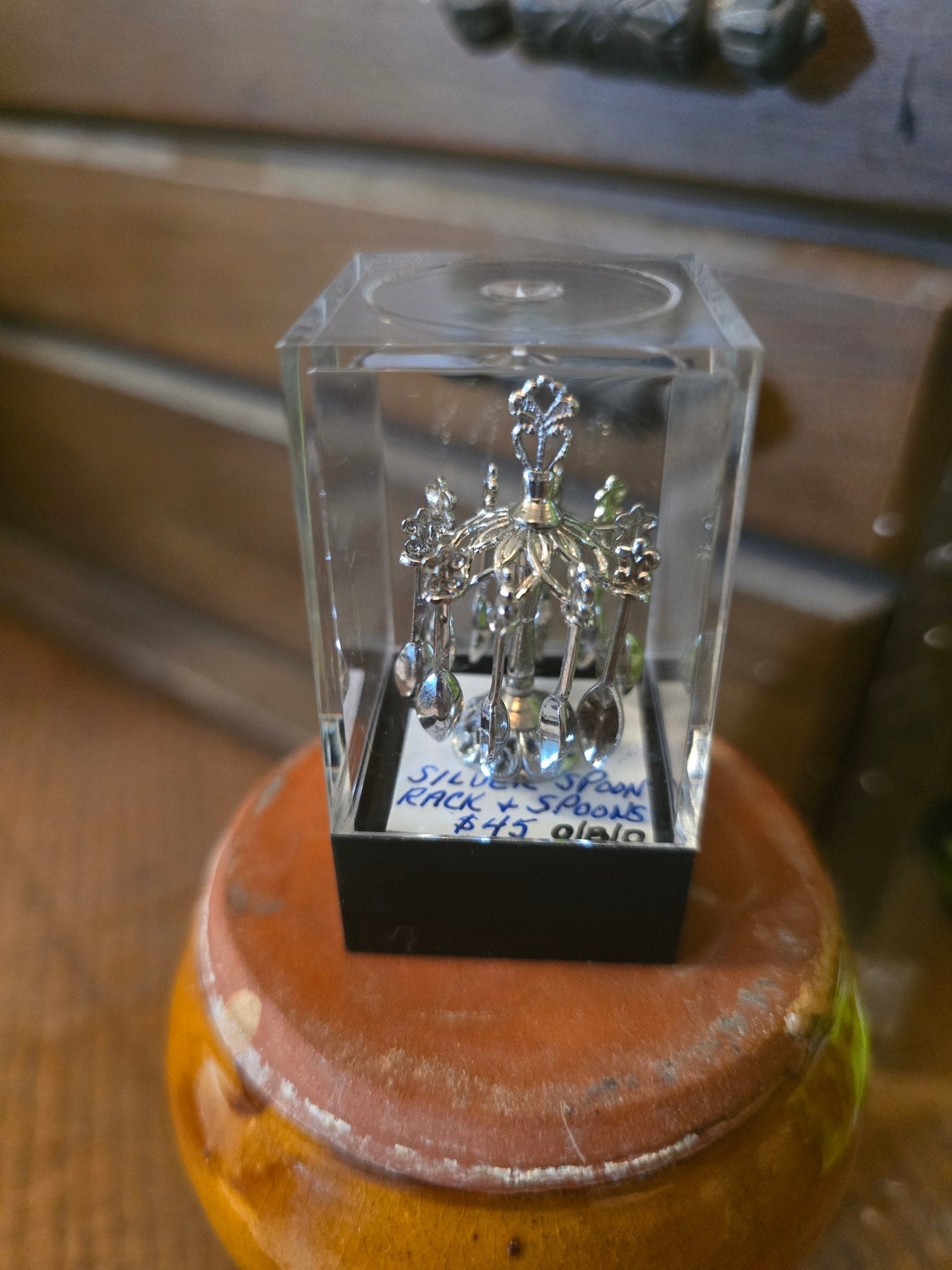 Rare Dollhouse Silver Spoon Carousel w/ 6 Mini Spoons in Display Case – 1:12 Scale Miniature - Bayshore Treasures