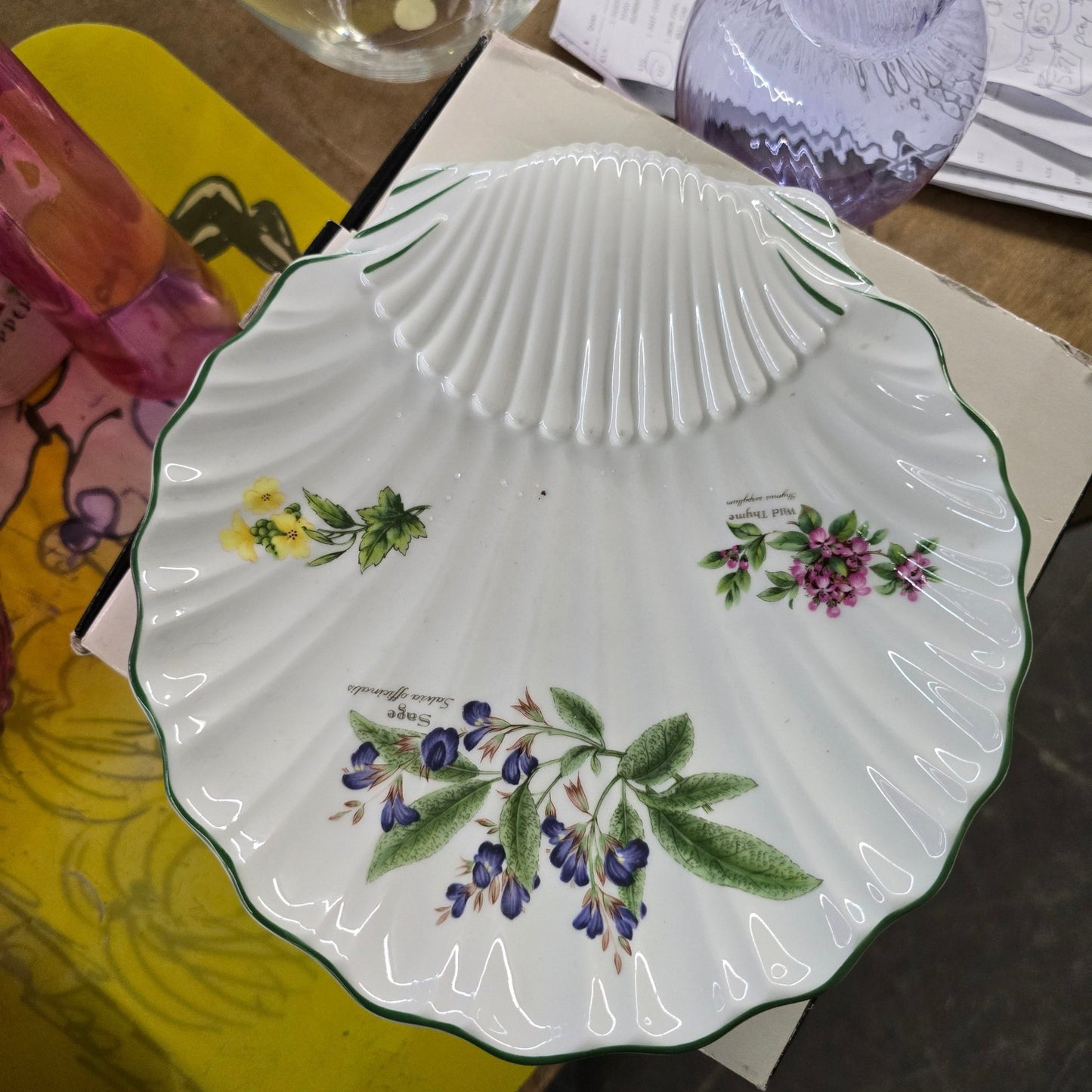 Royal Worcester Worcester Herbs Shell Plate 1990 England Herb Floral Dish - Bayshore Treasures