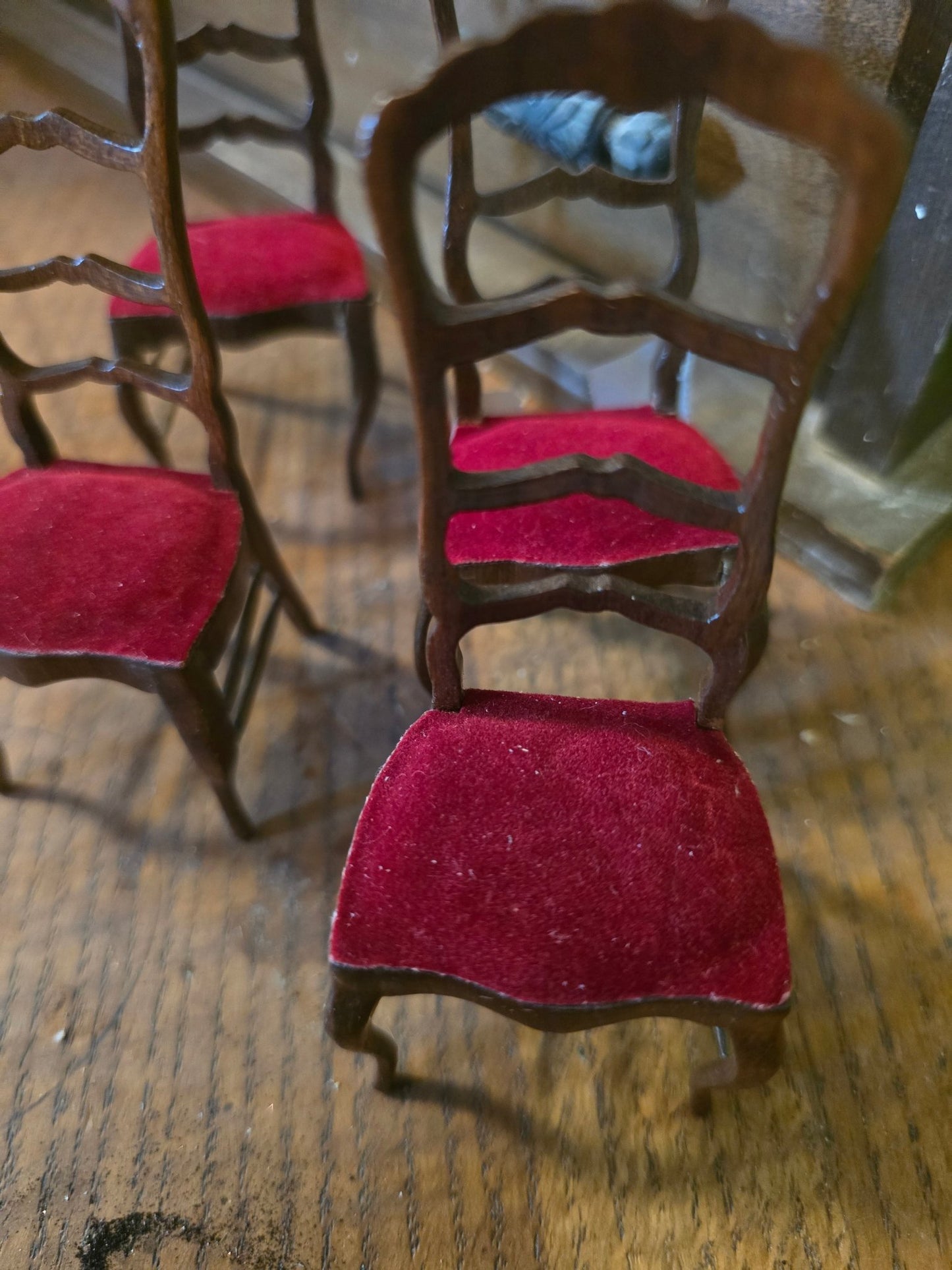 Set of 4 Antique Dollhouse Ladder Back Chairs – Red Velvet Seats, Queen Anne Legs – Wood 1:12 Scale - Bayshore Treasures