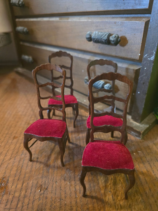 Set of 4 Antique Dollhouse Ladder Back Chairs – Red Velvet Seats, Queen Anne Legs – Wood 1:12 Scale - Bayshore Treasures