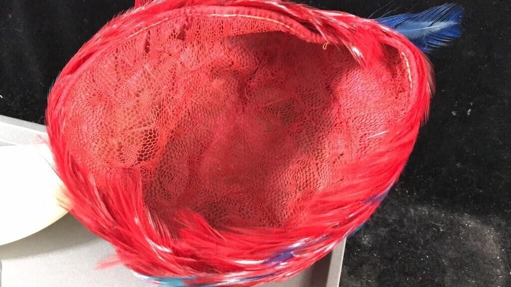 Vintage 1950's red Feather Pill Box Hat - Bayshore Treasures