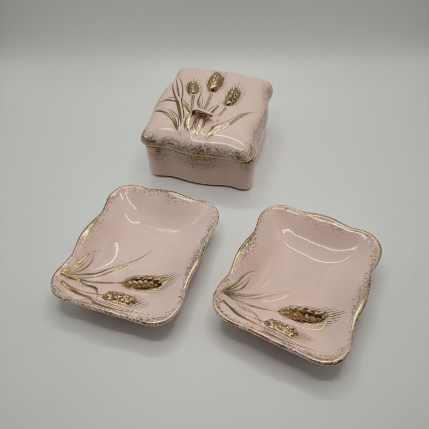 Vintage 1956 Porcelain Trinket Box Lefton Pink/Gold Wheat Design 2 Ring Dishes - Bayshore Treasures