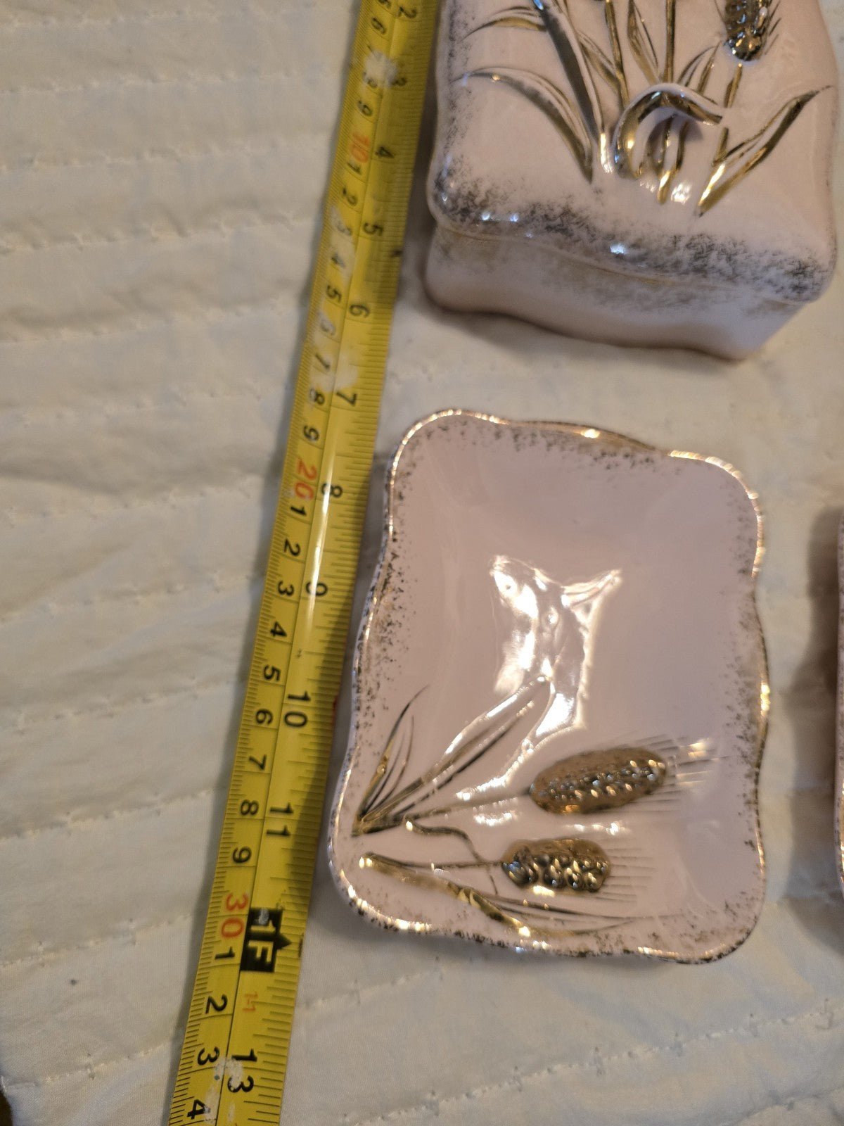 Vintage 1956 Porcelain Trinket Box Lefton Pink/Gold Wheat Design 2 Ring Dishes - Bayshore Treasures